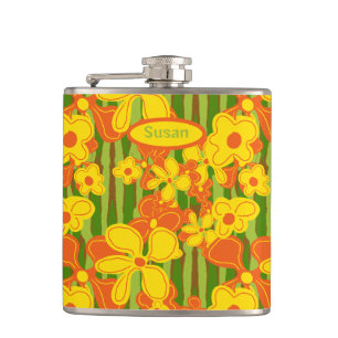 Retro 1970er Jahre Orange Gelbe Blumen Flachmann