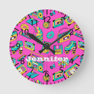Retro 1980er Neon Pink Aquamarines Muster Pop Kuns Runde Wanduhr