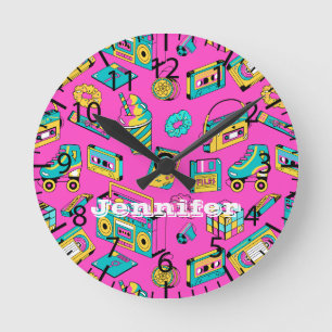 Retro 1980er Neon Pink Türkis Muster Pop Art Musik Runde Wanduhr