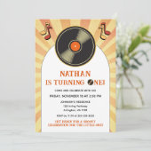 Retro 1. Kindergeburtstag Groovy Party Vinyl Einladung (Stehend Vorderseite)