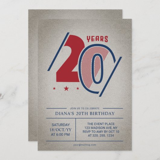 Retro 20. Geburtstag Einladung (Vorne/Hinten)
