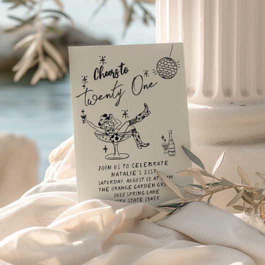 Retro 21. Handgezeichnetes Cowgirl Coastal Fun Geb Einladung