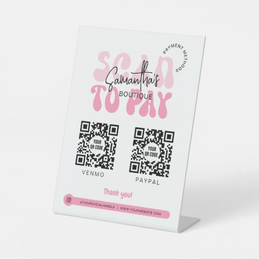 Retro 2 QR Codes Scan to Pink & White Shop Sockelschild (Vorderseite)