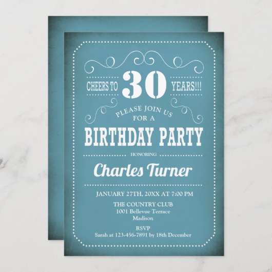 Retro 30. Geburtstag Party - Blau Einladung (Vorne/Hinten)
