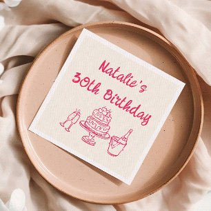 Retro 30. Pink Hand Drawn Cake Champagne Geburtsta Serviette