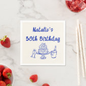 Retro 30th Blue Hand Drawn Cake Champagne Geburtst Serviette (Beispiel)