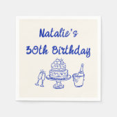 Retro 30th Blue Hand Drawn Cake Champagne Geburtst Serviette (Vorderseite)
