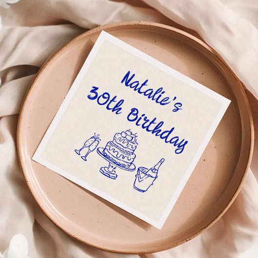 Retro 30th Blue Hand Drawn Cake Champagne Geburtst Serviette