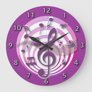 Retro 3D Effect Pink Musical Notes Große Wanduhr