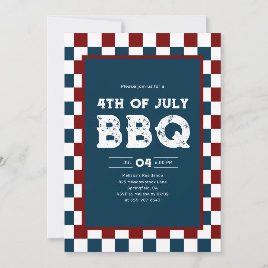 Retro 4. Juli BBQ-Party Kariert Einladung (Vorderseite)