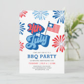Retro 4. Juli Fireworks America Flag GRILLEN Party Einladung (Stehend Vorderseite)