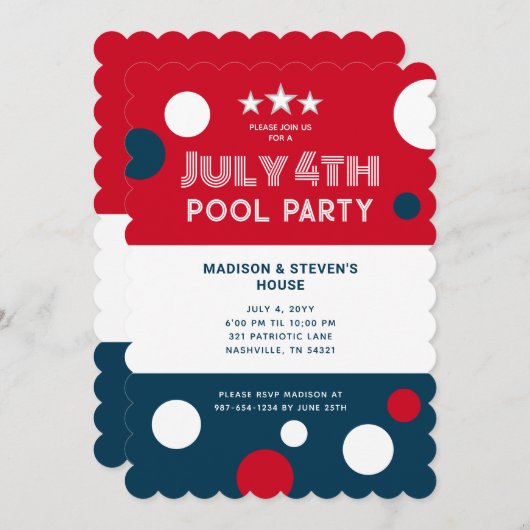Retro 4. Juli Pool Party rot blau Einladung (Vorne/Hinten)