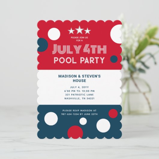 Retro 4. Juli Pool Party rot blau Einladung (Stehend Vorderseite)