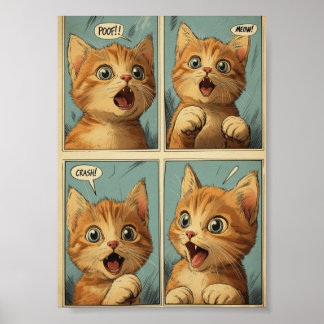 Retro-4-Panel-Comicstrip-Gingermädchen-Katzenkunst Poster