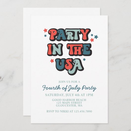 Retro 4. Party in den USA Einladung (Vorne/Hinten)