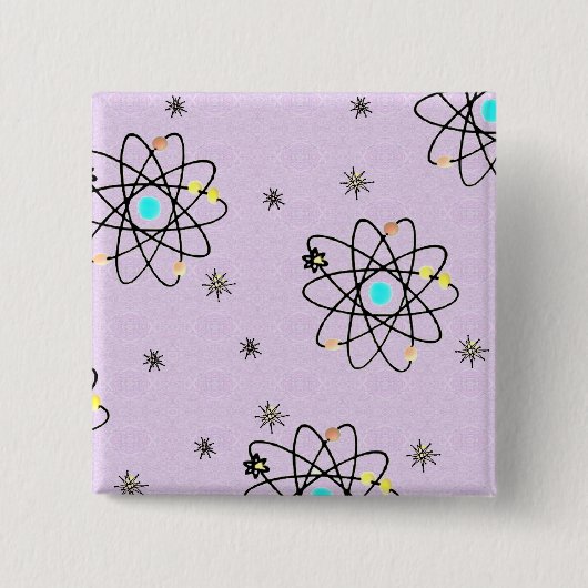 Retro 50er AtomPrint Lavendel Bekleidung & Geschen Button (Vorderseite)
