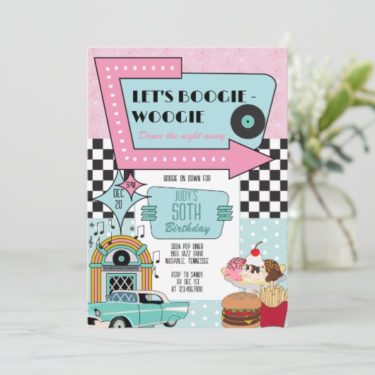 Retro 50er Birthday Party Einladung (Stehend Vorderseite)