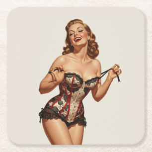 Retro 50er Button-Up Beauty Rechteckiger Pappuntersetzer
