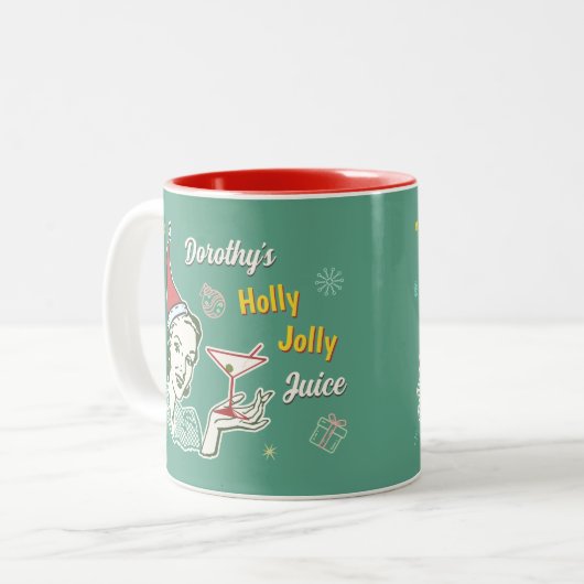 Retro 50er Christmas Holly Jolly Juice Funny Custo Zweifarbige Tasse (Vorderseite Links)