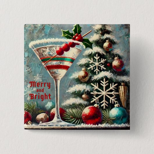 Retro 50er Cranberry Snowflake Weihnachten Martini Button (Vorderseite)