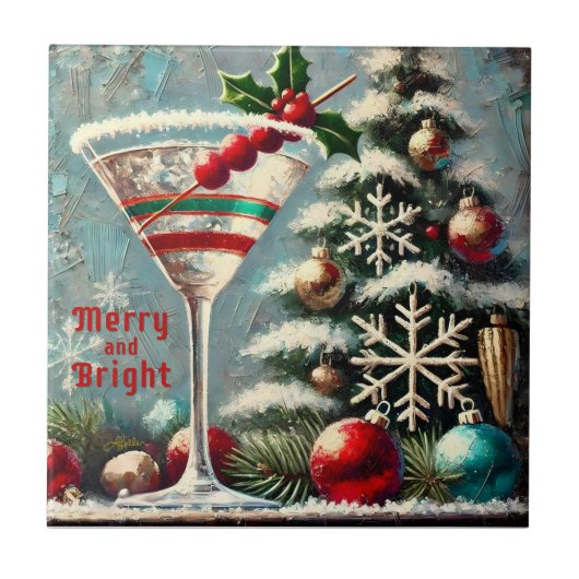 Retro 50er Cranberry Snowflake Weihnachten Martini Fliese (Vorderseite)