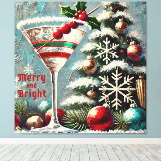 Retro 50er Cranberry Snowflake Weihnachten Martini Leinwanddruck (Insitu (Holzboden))