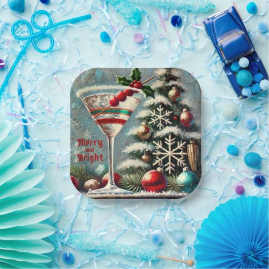 Retro 50er Cranberry Snowflake Weihnachten Martini Pappteller (Party)