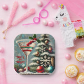 Retro 50er Cranberry Snowflake Weihnachten Martini Pappteller (Party)