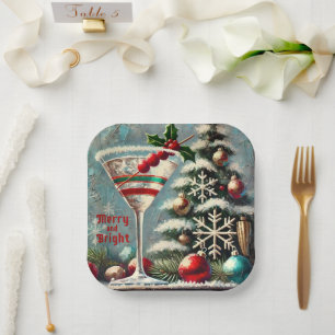 Retro 50er Cranberry Snowflake Weihnachten Martini Pappteller