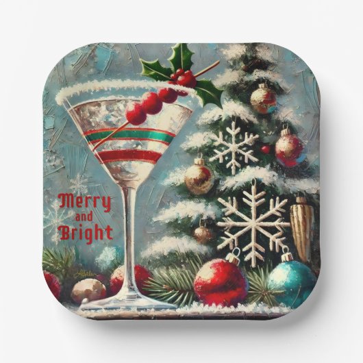 Retro 50er Cranberry Snowflake Weihnachten Martini Pappteller (Vorderseite)