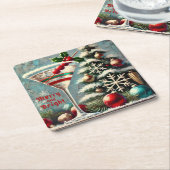 Retro 50er Cranberry Snowflake Weihnachten Martini Rechteckiger Pappuntersetzer (angewinkelt)