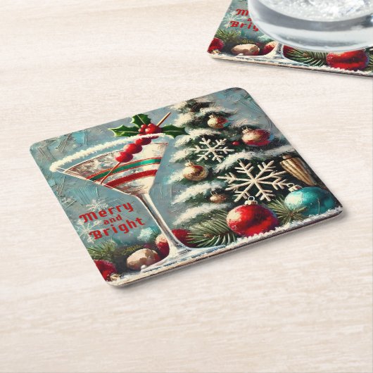 Retro 50er Cranberry Snowflake Weihnachten Martini Rechteckiger Pappuntersetzer (angewinkelt)