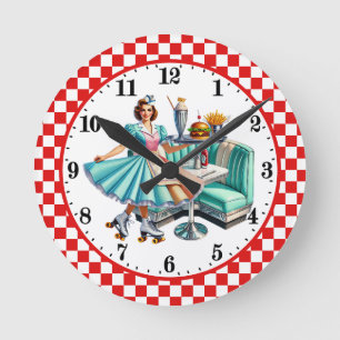 Retro 50er Diner Burger Pommes Frites Kellner Runde Wanduhr