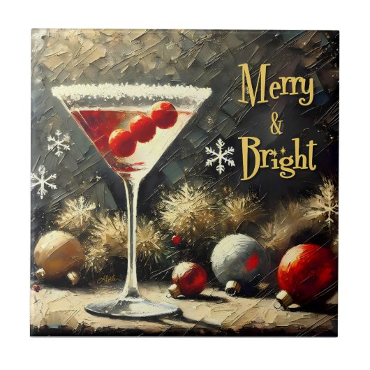 Retro 50er Dreifach-Kranbeeren-Weihnachts-Martini Fliese (Vorderseite)