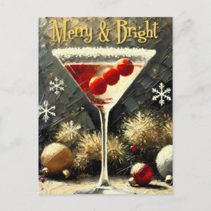 Retro 50er Dreifach-Kranbeeren-Weihnachts-Martini Postkarte