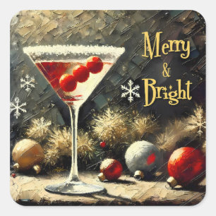Retro 50er Dreifach-Kranbeeren-Weihnachts-Martini Quadratischer Aufkleber