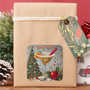 Retro 50er Fröhliche Weihnachts-Cocktail Süßigkeit Quadratischer Aufkleber