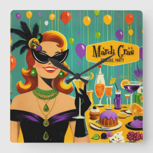 Retro 50er Jahre Mardi Gras Cocktailparty Quadratische Wanduhr