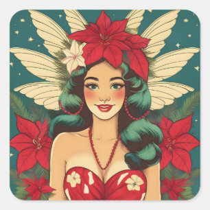 Retro 50er Jahre Tropisches Weihnachten Pin-Up Gir Quadratischer Aufkleber