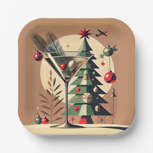 Retro 50er Jet Set Weihnachtsbaum Martini Pappteller (Vorderseite)