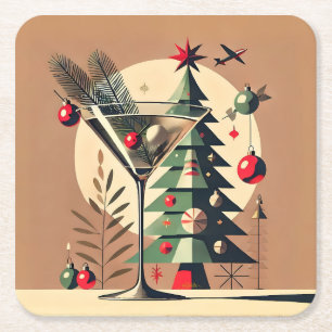 Retro 50er Jet Set Weihnachtsbaum Martini Rechteckiger Pappuntersetzer