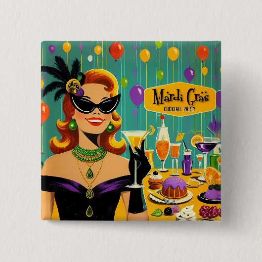 Retro 50er Mardi Gras Cocktailparty Button (Vorderseite)
