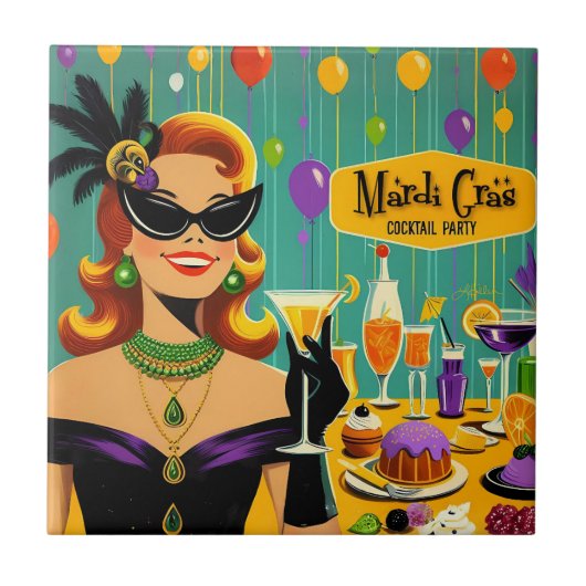 Retro 50er Mardi Gras Martini Cocktailparty Fliese (Vorderseite)