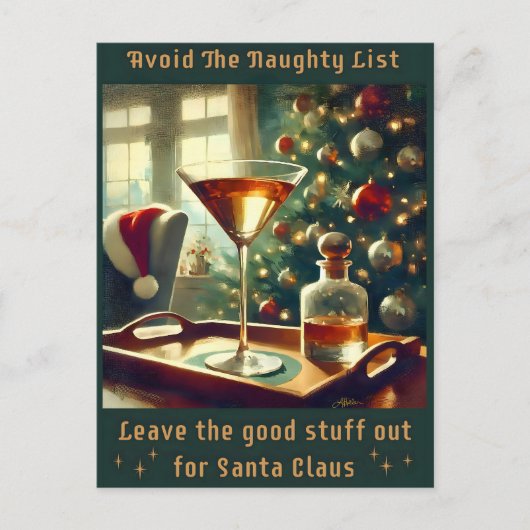 Retro 50er Meide die Böse Liste Weihnachts Martini Postkarte (Vorderseite)