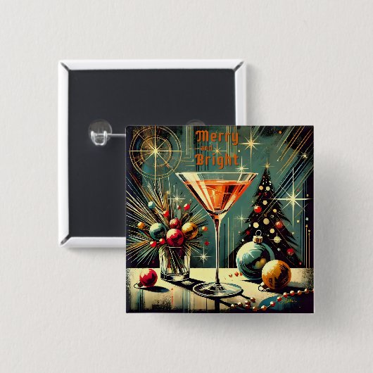Retro 50er Merry & Bright Christmas Martini Button (Vorne & Hinten)