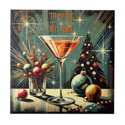 Retro 50er Merry & Bright Christmas Martini Fliese (Vorderseite)
