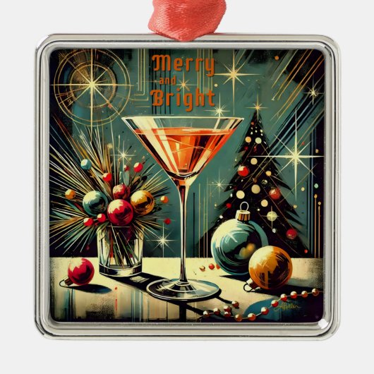 Retro 50er Merry & Bright Christmas Martini Ornament Aus Metall (Vorne)