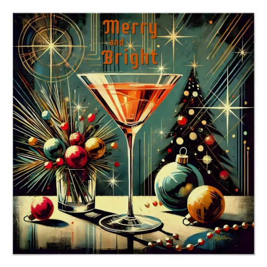 Retro 50er Merry & Bright Christmas Martini Poster (Vorderseite)