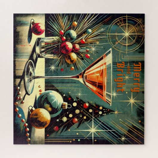 Retro 50er Merry & Bright Christmas Martini Puzzle (Horizontal)