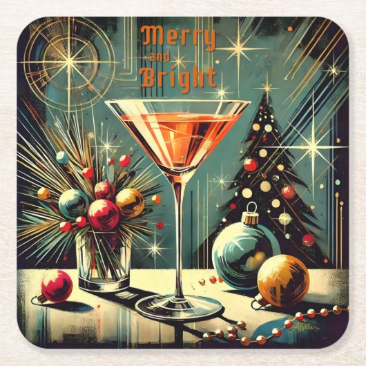 Retro 50er Merry & Bright Christmas Martini Rechteckiger Pappuntersetzer (Vorderseite)